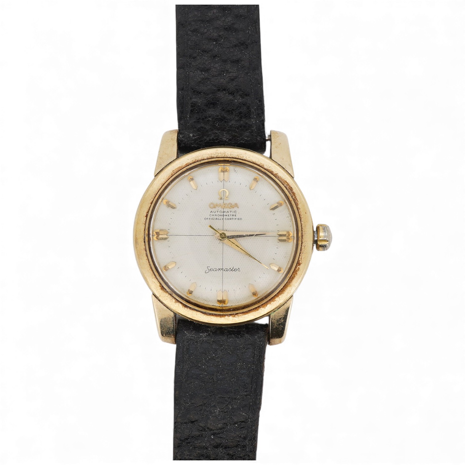 A gentleman's mid 1950's steel and gold plated Omega Seamaster Automatic Chronometer, with cross hair dial and baton numerals, movement c.354, case diameter 35mm, on an associated leather strap, no box or papers.